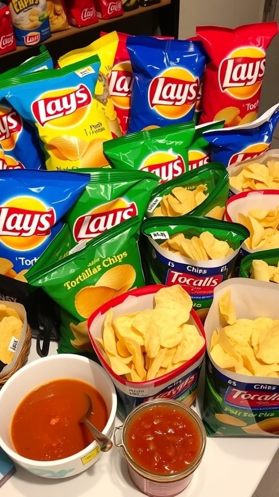 A table with multiple bags of chips and a bowl of salsa for a party.